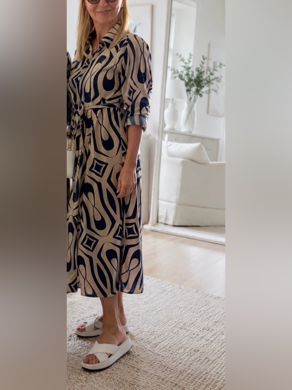 Truly 4 you dress Women's Navy and Beige Printed Shirt Dress